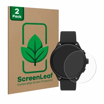Front side of a product packaging with the brand logo ScreenLeaf. Next to it is the device Fossil Smartwatch Wellness (Gen 6) 