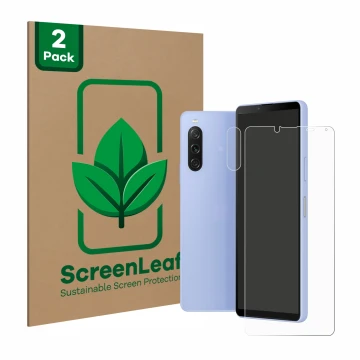 Front side of a product packaging with the brand logo ScreenLeaf. Next to it is the device Sony Xperia 10 V (Front+Camera) sho
