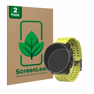 Front side of a product packaging with the brand logo ScreenLeaf. Next to it is the device Suunto Vertical shown with the corr