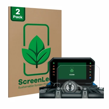 Front side of a product packaging with the brand logo ScreenLeaf. Next to it is the device Suzuki GSX-8S 2023 shown with the c