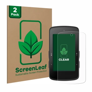 Front side of a product packaging with the brand logo ScreenLeaf. Next to it is the device Bryton Rider 750 SE shown with the 