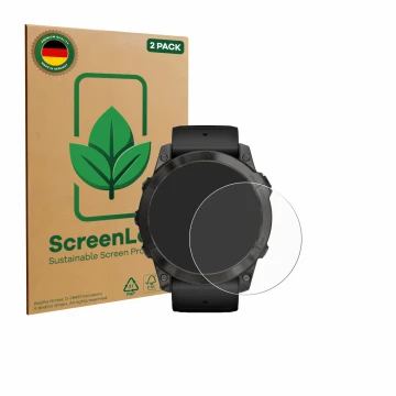 Front side of a product packaging with the brand logo ScreenLeaf. Next to it is the device Garmin Epix Pro (Gen 2) (51 mm) sho