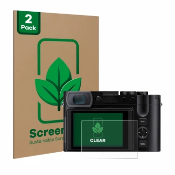 Front side of a product packaging with the brand logo ScreenLeaf. Next to it is the device Leica Q3 shown with the correspondi