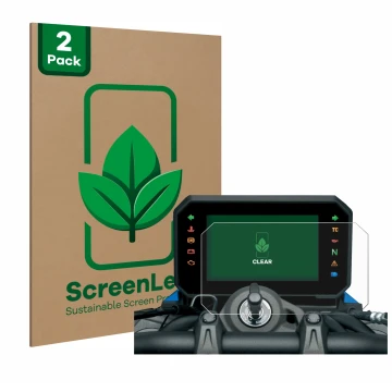Front side of a product packaging with the brand logo ScreenLeaf. Next to it is the device Suzuki V-Strom 800DE 2023 shown wit