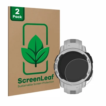 Front side of a product packaging with the brand logo ScreenLeaf. Next to it is the device Garmin Instinct 2S Solar (40 mm) sh