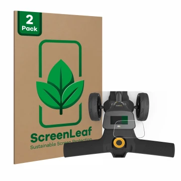 Front side of a product packaging with the brand logo ScreenLeaf. Next to it is the device PowaKaddy FX3 shown with the corres