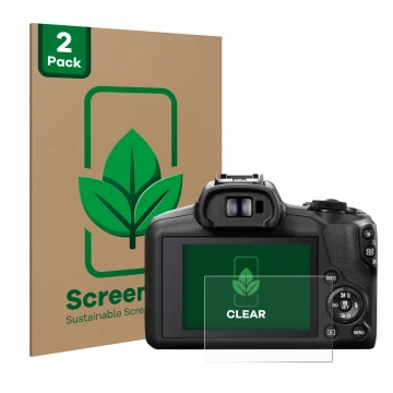 Front side of a product packaging with the brand logo ScreenLeaf. Next to it is the device Canon EOS R100 shown with the corre