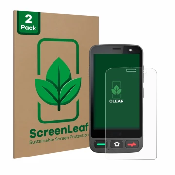 Front side of a product packaging with the brand logo ScreenLeaf. Next to it is the device Brondi Amico Pocket shown with the 