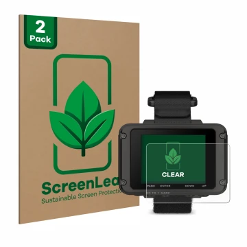 Front side of a product packaging with the brand logo ScreenLeaf. Next to it is the device Garmin Foretrex 801 shown with the 