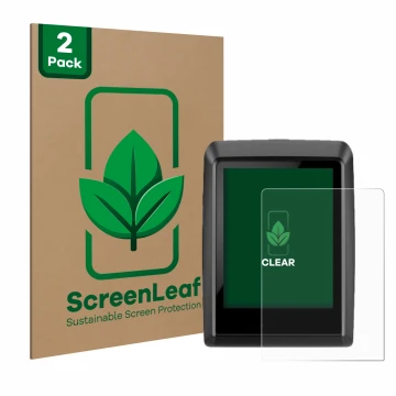 Front side of a product packaging with the brand logo ScreenLeaf. Next to it is the device Bosch Kiox 500 shown with the corre