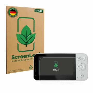 Front side of a product packaging with the brand logo ScreenLeaf. Next to it is the device Philips Avent Connected SCD923 show