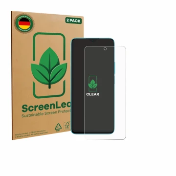 Front side of a product packaging with the brand logo ScreenLeaf. Next to it is the device Honor 90 Lite shown with the corres