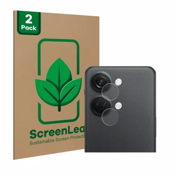 Front side of a product packaging with the brand logo ScreenLeaf. Next to it is the device OnePlus Nord 3 5G (ONLY Camera Lens