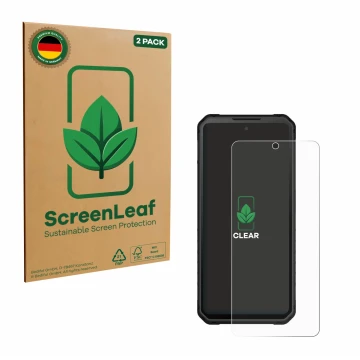 Front side of a product packaging with the brand logo ScreenLeaf. Next to it is the device iiiF150 Raptor shown with the corre