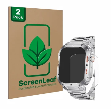 Front side of a product packaging with the brand logo ScreenLeaf. Next to it is the device LIGE K-57 1.96