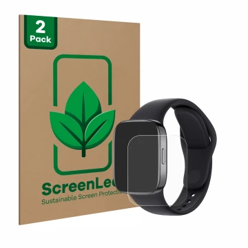 Front side of a product packaging with the brand logo ScreenLeaf. Next to it is the device Xiaomi Redmi Watch 3 shown with the