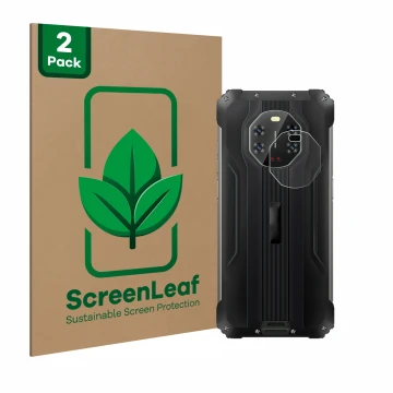 Front side of a product packaging with the brand logo ScreenLeaf. Next to it is the device Blackview BL8800 5G (ONLY Camera Le