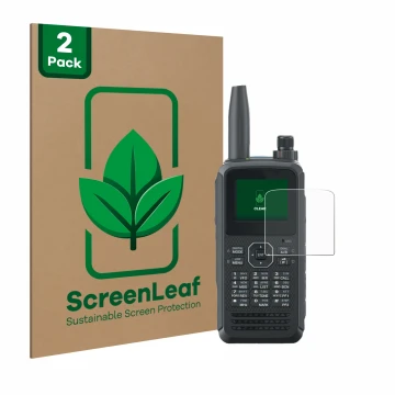 Front side of a product packaging with the brand logo ScreenLeaf. Next to it is the device Kenwood TH-D75E D-Star shown with t