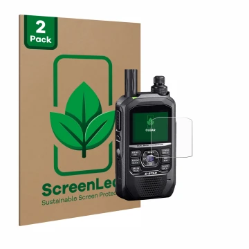 Front side of a product packaging with the brand logo ScreenLeaf. Next to it is the device Icom ID-50E shown with the correspo