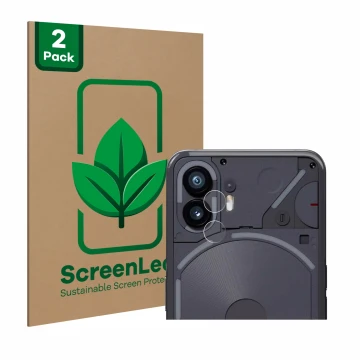 Front side of a product packaging with the brand logo ScreenLeaf. Next to it is the device Nothing Phone (2) (ONLY Camera Lens