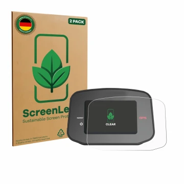 Front side of a product packaging with the brand logo ScreenLeaf. Next to it is the device PowaKaddy CT8 GPS shown with the co
