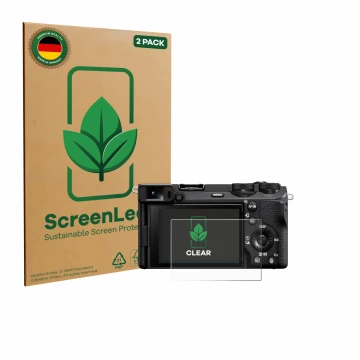 Front side of a product packaging with the brand logo ScreenLeaf. Next to it is the device Sony Alpha 6700 shown with the corr