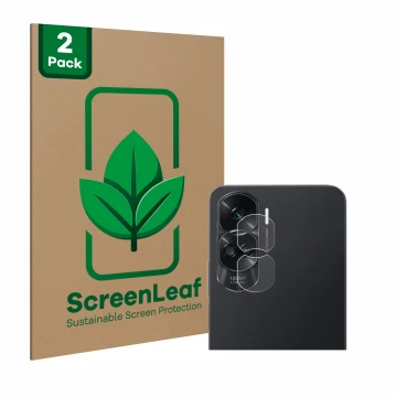 Front side of a product packaging with the brand logo ScreenLeaf. Next to it is the device Honor 90 Lite (ONLY Camera Lens) sh