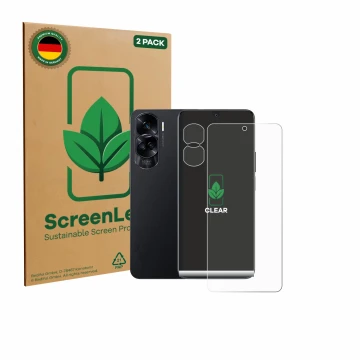 Front side of a product packaging with the brand logo ScreenLeaf. Next to it is the device Honor 90 Lite (Front+Camera) shown 