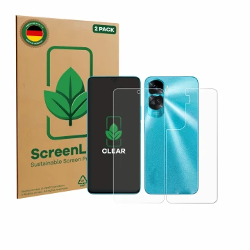Front side of a product packaging with the brand logo ScreenLeaf. Next to it is the device Honor 90 Lite (Front+Back) shown wi