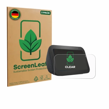 Front side of a product packaging with the brand logo ScreenLeaf. Next to it is the device Amazon Echo Show 5 (3th Gen.) shown