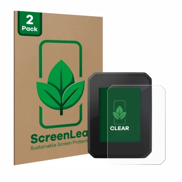 Front side of a product packaging with the brand logo ScreenLeaf. Next to it is the device FIT Display Compact shown with the 