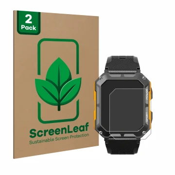 Front side of a product packaging with the brand logo ScreenLeaf. Next to it is the device Njord Gear The Indestructible Smart