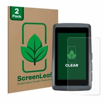 Front side of a product packaging with the brand logo ScreenLeaf. Next to it is the device Sigma ROX 12.1 EVO shown with the c