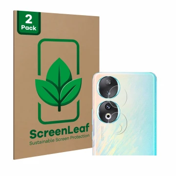 Front side of a product packaging with the brand logo ScreenLeaf. Next to it is the device Honor 90 (ONLY Camera Lens) shown w