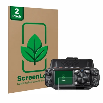 Front side of a product packaging with the brand logo ScreenLeaf. Next to it is the device Yaesu FTM-500DR shown with the corr