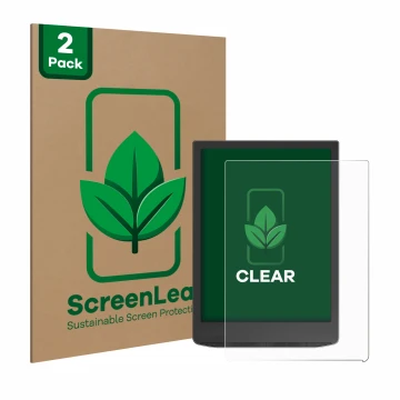 Front side of a product packaging with the brand logo ScreenLeaf. Next to it is the device PocketBook InkPad 4 shown with the 
