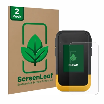 Front side of a product packaging with the brand logo ScreenLeaf. Next to it is the device Garmin eTrex SE shown with the corr