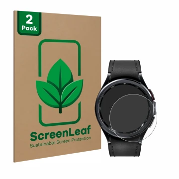 Front side of a product packaging with the brand logo ScreenLeaf. Next to it is the device Samsung Galaxy Watch 6 Classic (43 