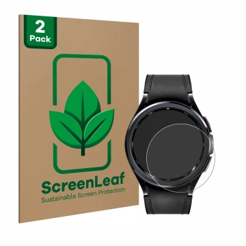 Front side of a product packaging with the brand logo ScreenLeaf. Next to it is the device Samsung Galaxy Watch 6 Classic (47 
