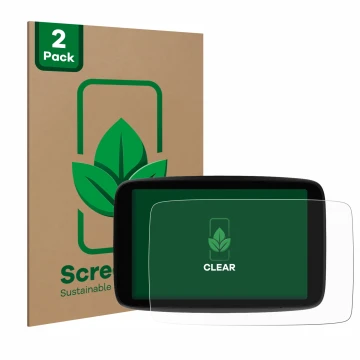 Front side of a product packaging with the brand logo ScreenLeaf. Next to it is the device TomTom GO Expert Plus 7