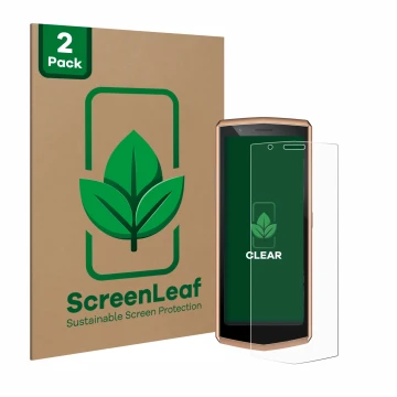 Front side of a product packaging with the brand logo ScreenLeaf. Next to it is the device Cubot Pocket 3 shown with the corre