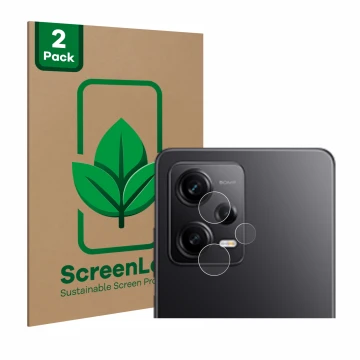 Front side of a product packaging with the brand logo ScreenLeaf. Next to it is the device Xiaomi Redmi Note 12 Pro 5G (ONLY C