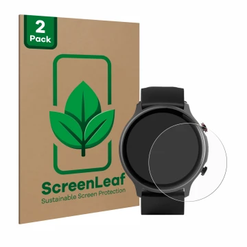 Front side of a product packaging with the brand logo ScreenLeaf. Next to it is the device Hama Fit Watch 6910 shown with the 