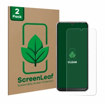 Front side of a product packaging with the brand logo ScreenLeaf. Next to it is the device Emporia Smart 6 shown with the corr