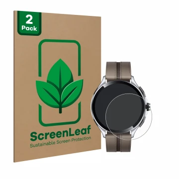 Front side of a product packaging with the brand logo ScreenLeaf. Next to it is the device Xiaomi Watch 2 Pro shown with the c