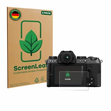 Front side of a product packaging with the brand logo ScreenLeaf. Next to it is the device Fujifilm X-S20 shown with the corre