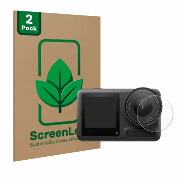 Front side of a product packaging with the brand logo ScreenLeaf. Next to it is the device DJI Osmo Action 4 (Lens) shown with