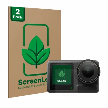Front side of a product packaging with the brand logo ScreenLeaf. Next to it is the device DJI Osmo Action 4 (Front display) s