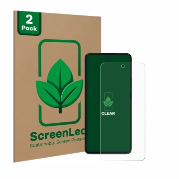 Front side of a product packaging with the brand logo ScreenLeaf. Next to it is the device Motorola Moto G84 shown with the co