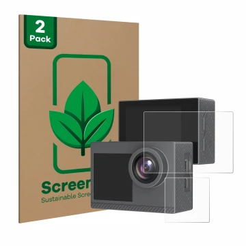 Front side of a product packaging with the brand logo ScreenLeaf. Next to it is the device Akaso Brave 4 Pro shown with the co